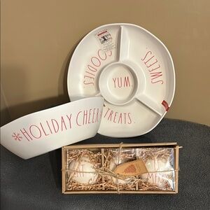 Rae Dunn 3 Piece Holiday Cheer Ceramic Bowl, Tray Set and Christmas ornament